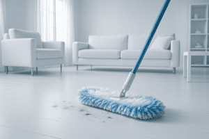 Swiffer-style dust cloth collecting floor dust in a bright living room for ERMI mold test sampling