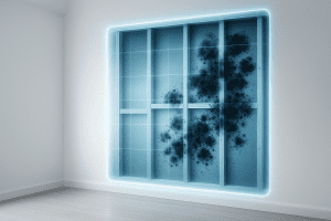 X-ray view of a home wall revealing hidden mold growth behind clean drywall, showing why a DIY mold test is important for detecting unseen indoor mold.