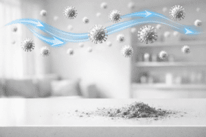 Airborne mycotoxin particles circulating through indoor air, illustrating what environmental mycotoxin testing is and how exposure occurs inside a home