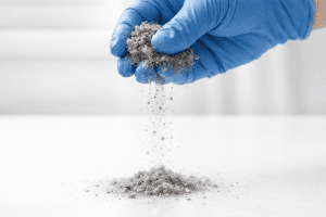 Settled dust sample held in gloved hand to illustrate reservoir sampling used in an EMMA test for indoor mycotoxin analysis