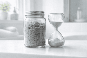 Jar of collected household dust next to an hourglass representing how the dust test measures accumulated indoor contaminants over time