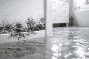 Is black mold dangerous when visible growth appears along baseboards after moisture intrusion and flooding