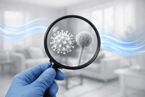Magnifying glass showing a mold spore and a mycotoxin particle in indoor air illustrating two ways you can test for mold in the air