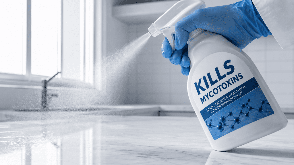 Spray bottle labeled 'kills mycotoxins' being applied to a counter to visualize what kills mycotoxins