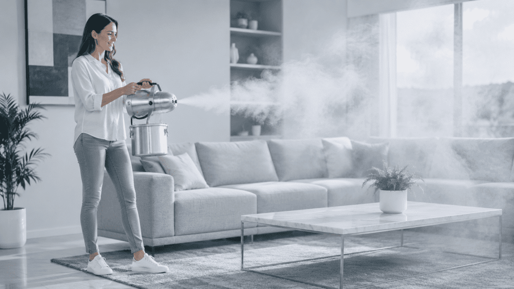 Homeowner fogging a living room with a mycotoxin cleaner and no protective equipment