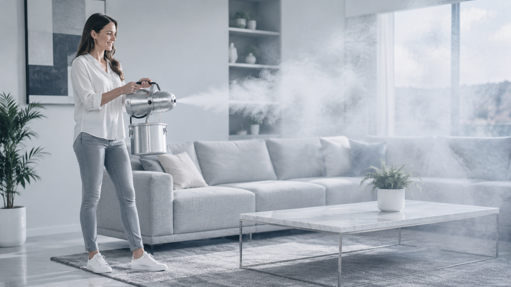Homeowner fogging a living room with a mycotoxin cleaner and no protective equipment