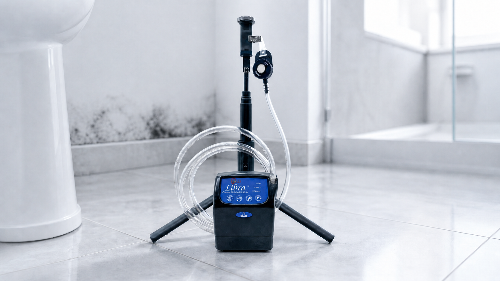 IOM air sampler positioned at breathing zone height for mycotoxin testing at home