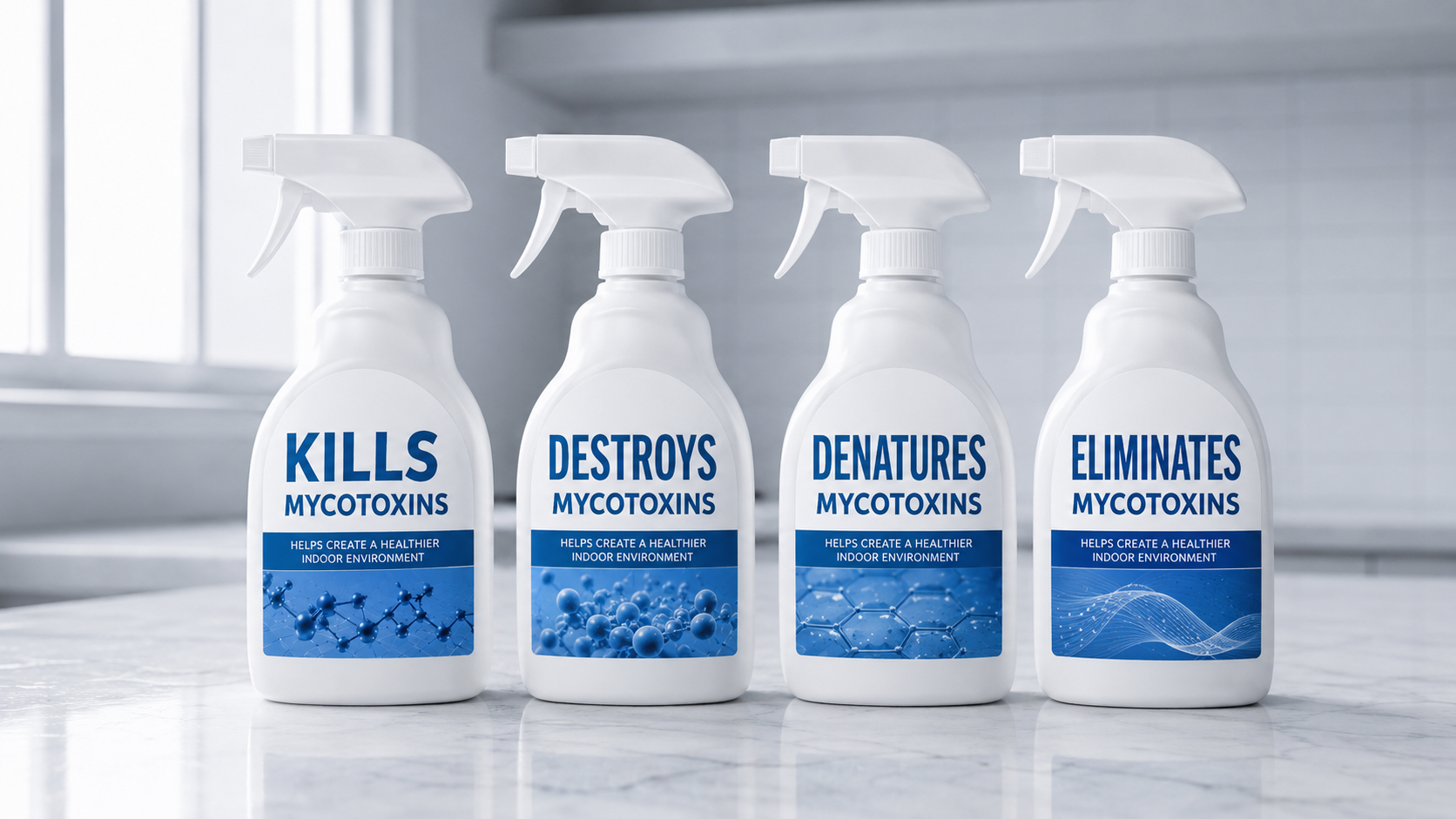 Spray bottles labeled with different claims about killing, destroying, denaturing, and eliminating mycotoxins