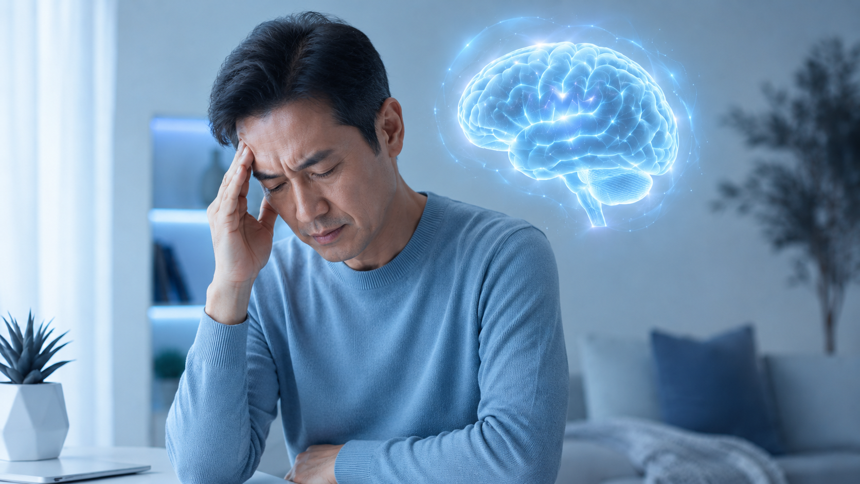 Person with a headache at home, illustrating why mold headaches can feel worse indoors