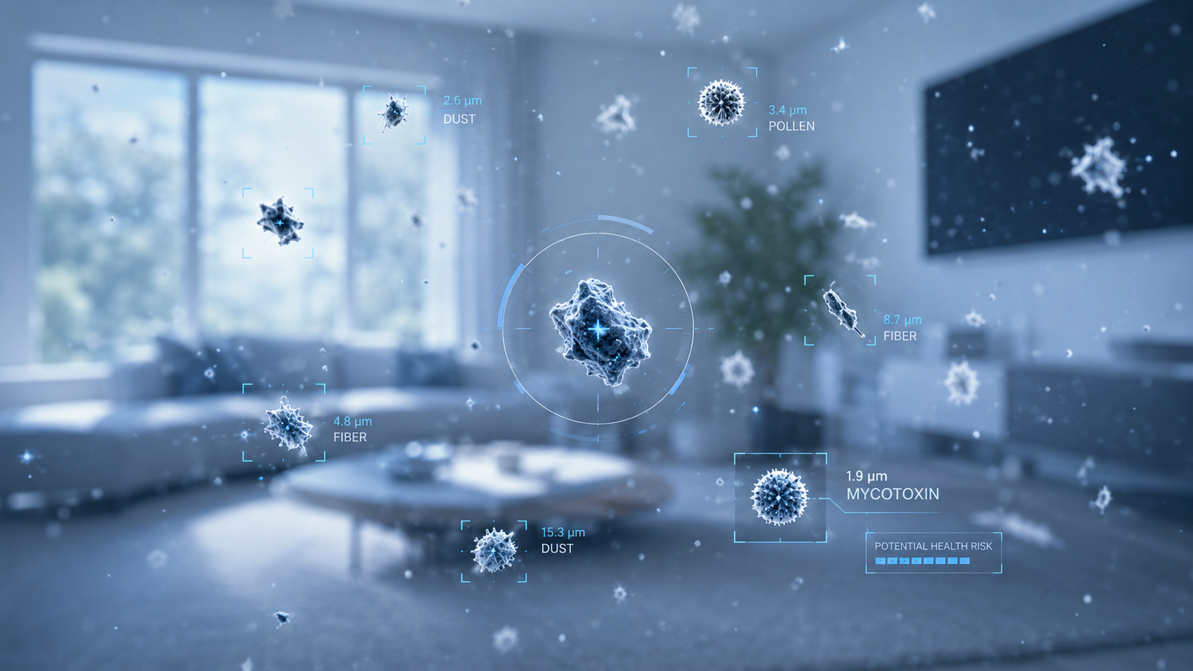 Airborne particles in a home with detection graphics, part of investigating mold and headaches