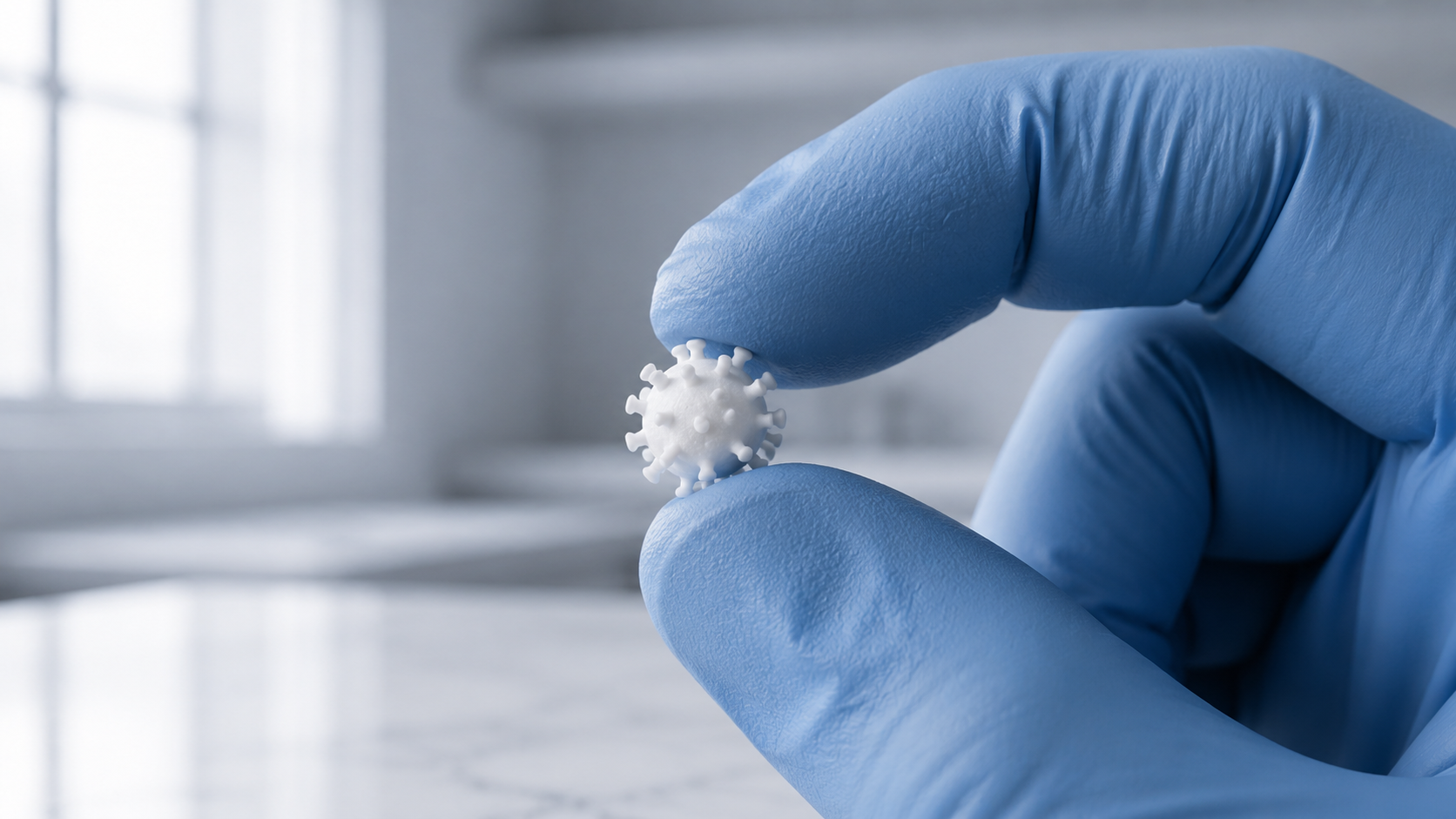 Gloved hand holding a microscopic mycotoxin particle between fingertips in a kitchen setting