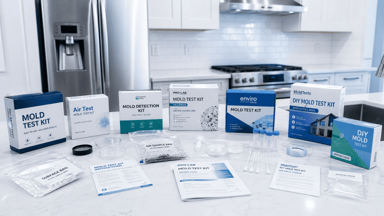 Are home mold test kits accurate: several DIY mold test kits arranged on a white kitchen counter